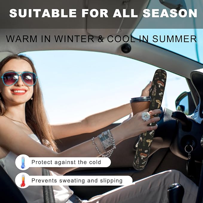 Black Mushrooms Steering Wheel Cover, Cute Funny Anti-Slip Breathable Car Accessories Interior Elastic Steering Wheel Cover for Men Women Fit Auto, SUV Vans Truck Universal 14.5-15 Inch