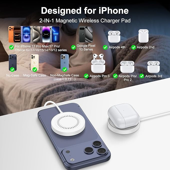 for Pixel Wireless Charger Magnetic Wireless Charger Fast Charging Pad Pixelsnap Phone Charger for Google Pixel 10a 10 Pro 10 Pro XL 9A 9,15W MagSafe Charger USB-C/A Compatible iPhone 17 Pro Max 16 15