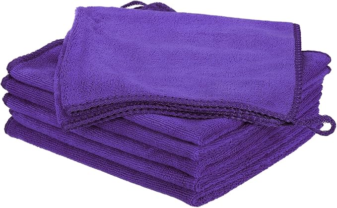 HARFINGTON 6 Pack Microfiber Cleaning Cloth, 16" x 12" Multi-Functional Cleaning Towels Reusable Absorbent Rags with Hook for Car Wash Kitchen Household Window Clean, Purple