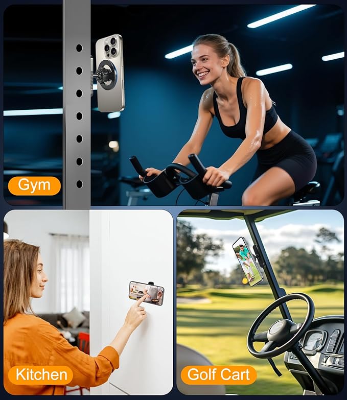 Magnetic Gym Phone Mount for MagSafe – Dual Magnet Stand for iPhone 12-17 / Android, Alloy Base & Ball Joint, Attach to Metal Surfaces for Gym/Golf Cart/Car, Portable Gym Accessories for Men & Women
