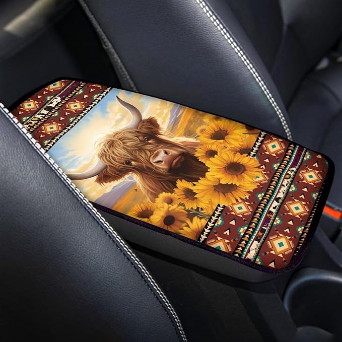 Dreaweet Car Center Console Cover Sunflower Aztec Highland Cow Car Accessories Arm Rest Cover for Truck SUV Van,Car Armrest Cover Center Console Cushion Pad Universal Fit