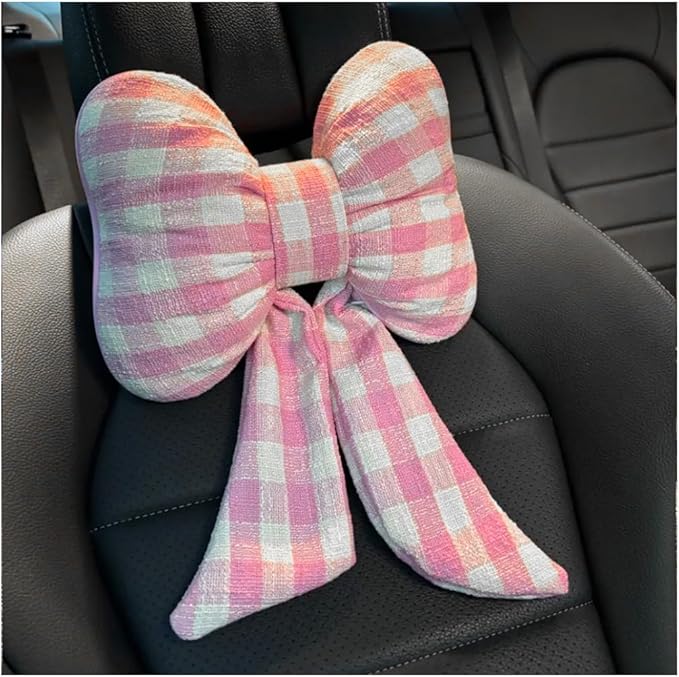 Bow Car Headrest Pillow, Breathable Memory Foam Vehicle Neck Pillow with Adjustable Strap, Ergonomic Auto Neck Support Cushion for Pain Pressure Relief, Universal for Most Cars (Pink/Grid)