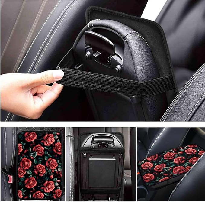 Rose Flower Print Car Steering Wheel Cover for Women 6pcs Car Interior Decor Set Handbrake Cover Cup Coaster Universal Fit Auto,Suvs,Truck
