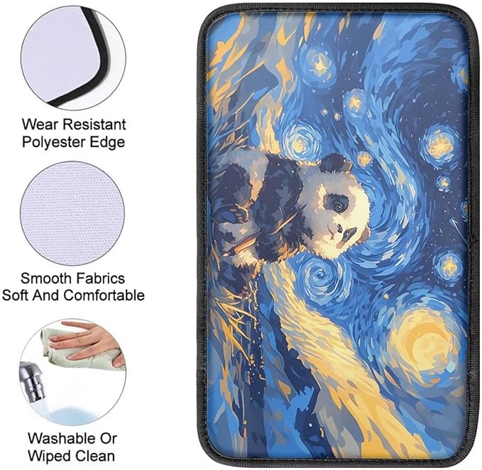 Auto Center Console Pad, Oil Painting Starry Sky Panda Armrest Covers for Trucks Vans SUV Cars, Car Interior Decor Accessories for Women Men Easy to Install