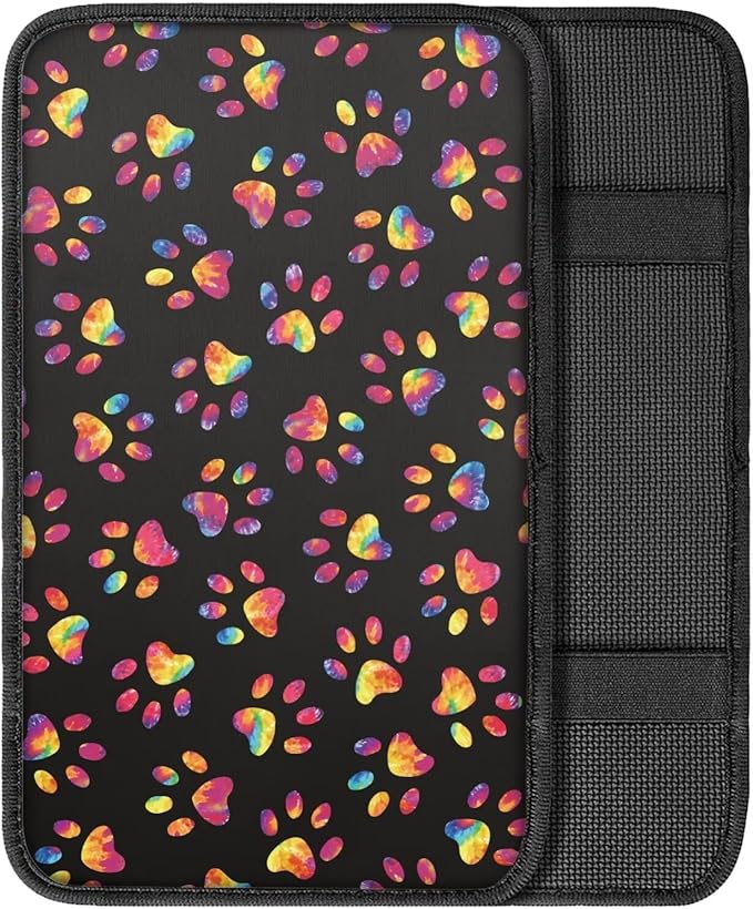 Dreaweet Tie Dye Dog Paw Center Console Cover for SUV Cute Car Accessories for Women Car Armrest Cover Cushion Soft Comfy Car Arm Rest Cover Pad Universal for Most Vehicles