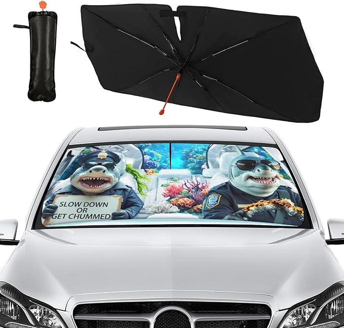 Socira Funny Sharks Car Windshield Sunshade Umbrella Foldable Umbrella Sun Shade Windshield Cover Sunshade Car Accessories Blocks Uv Rays Keeps Cool (57" X 30")