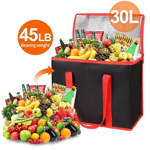 Bodaon 1-Pack Insulated Reusable Grocery Shopping Bags, X-Large Picnic Cooler Bag with Top Cold, Insulated Food/Pizza Delivery Bag (Black-Red Edge)