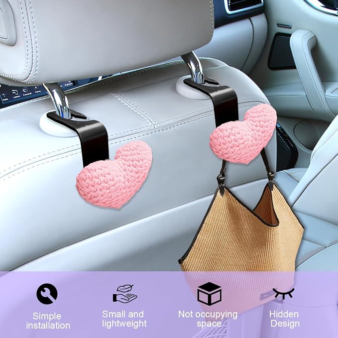 2PCS Car Headrest Hook, Cute Wool Heart Vehicle Seat Hangers for Umbrellas Grocery Bags, Automotive Interior Backseat Storage Organizer Hook, Universal for SUV, Sedan, Truck (Pink)