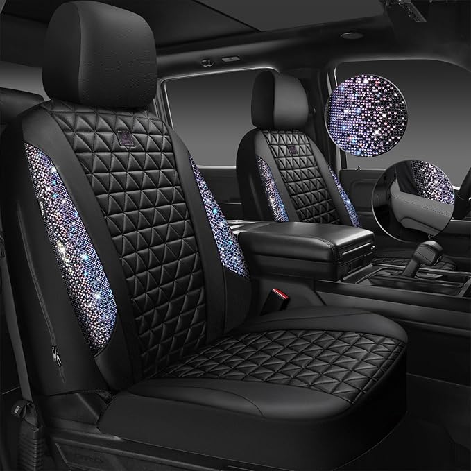 CAR PASS Bling Diamond Black Leather Car Seat Covers Full Set Interior Sets, Waterproof Shining Glitter Sparkly Crystal Armrest Fit Automotive Truck SUV Cute Women Girl, Bedazzed Iridescent Rhinestone