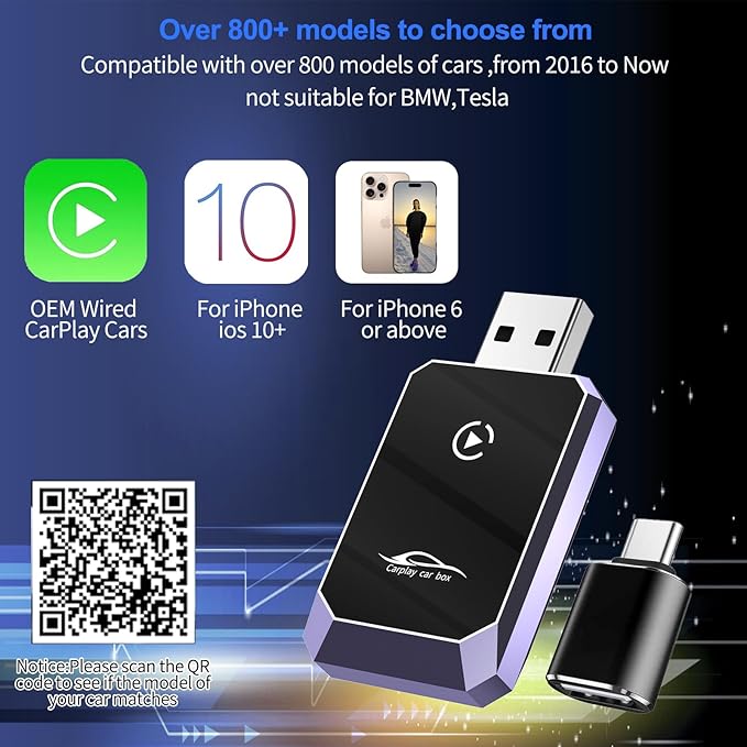 Wireless CarPlay Adapter for iPhone, Convert Wired to Wireless CarPlay, Mini CarPlay Wireless Adapter for iPhone 6+ and Cars from 2016, Plug and Play, Supports Voice Commands Via Siri