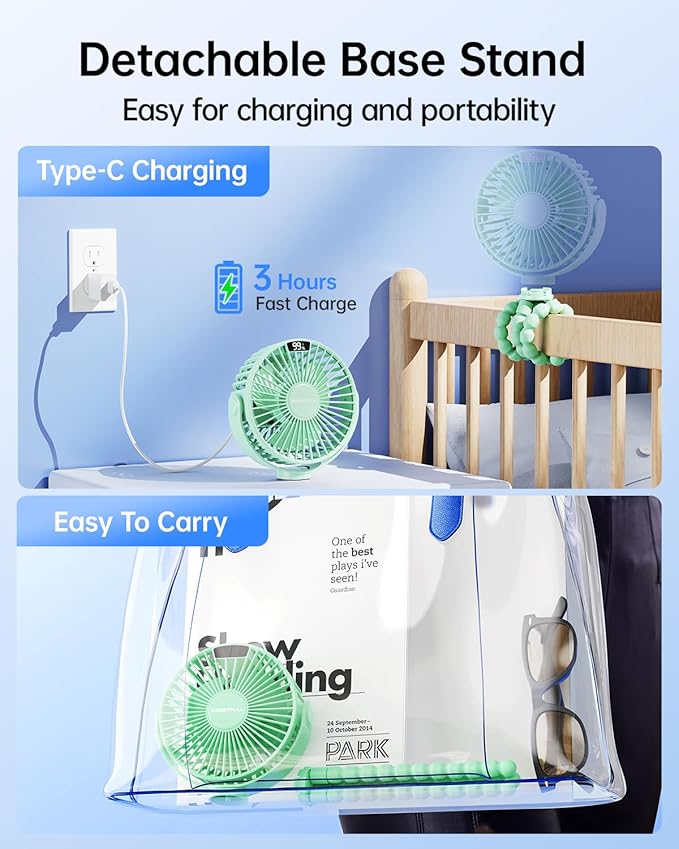 SWEETFULL Portable Stroller Fan with LED Display, 4 Speed Rechargeable Mini Clip On Fan, 360° Rotate Flexible Tripod Better Cooling Small Baby Fan for Car Seat Crib Travel Bike Treadmill (Green)