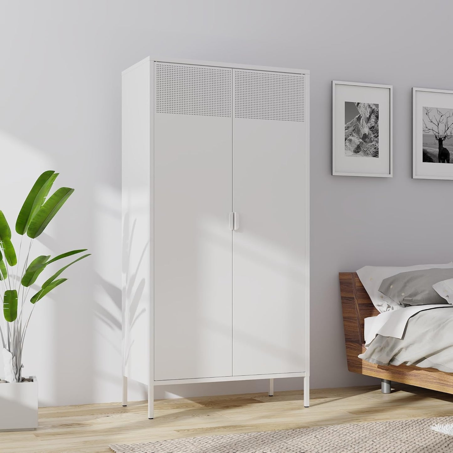 Metal Storage Cabinets Locker with Hanging Rod and Adjustable Shelves, 71'' Clothing Steel Storage Wardrobe for Home & Office, School, Employee,Gym(White, 71''H-Wardrobe)