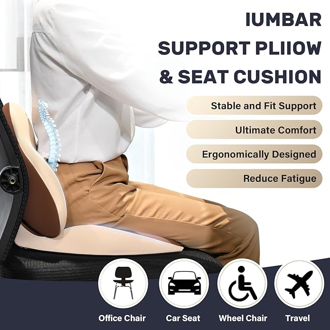 Coverado Car Seat Cushion and Lumbar Support Pillow, Memory Foam Ergonomic Back Support Driving Seat Cushion for Sciatica, Tailbone, Back Pain, Non-Slip Washable Cushion for Car, Driver, Office