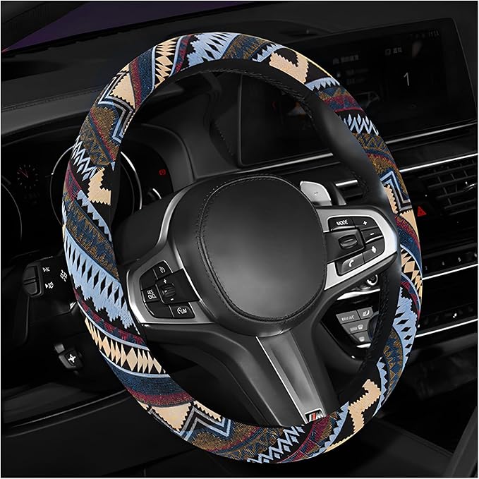 Boho Steering Wheel Cover, 15 Inch Coarse Flax Cloth Ethnic Style Anti-Slip Car Wheel Wrap, Universal Breathable Bohemian Steering Wheel Protector for Cars Vans Trucks (H)