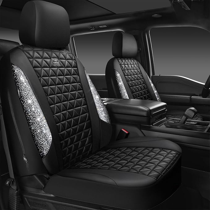 CAR PASS Bling Diamond Leather Car Seat Covers for 2 Front Interior Sets, Waterproof Shining Glitter Sparkly Crystal Universal Armrest Fit Automotive Truck SUV Cute Women Girl, Black Silver Rhinestone