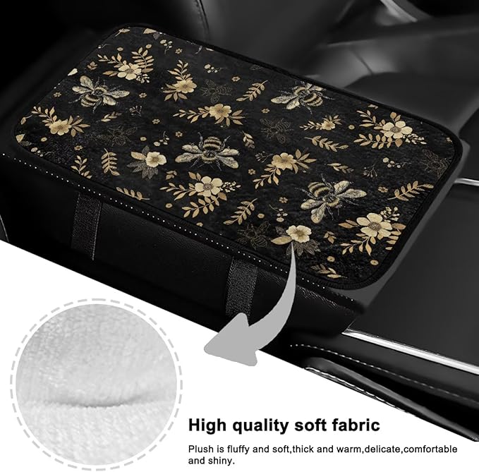 Bee Flower Center Console Cushion Comfortable Elastic Car Arm Rest Cushion Pad Full Coverage Warm Armrest Cover Center Console Cushion Fit for Cars Truck SUV or Vans