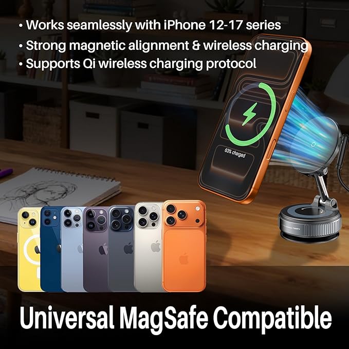 for MagSafe Car Mount Charger [15W Fast Wireless Charging] [108 lbs Nano Gel Suction] Cup Phone Mount for Car, 360° Adjustable Vacuum Magnetic Phone Holder for iPhone 12-17 Pro Max