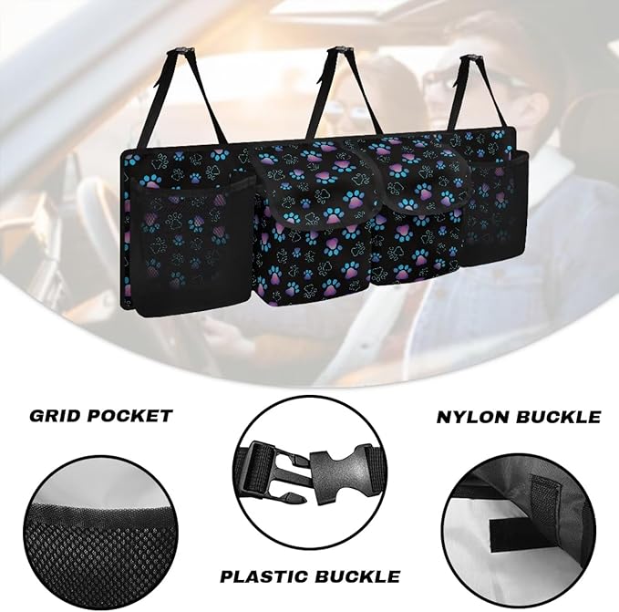 Small Car Trunk Organizer Back Seat Hanging Car Organizers and Storage, Paw Print Car Backseat Organizers, Easy to Clean and Install