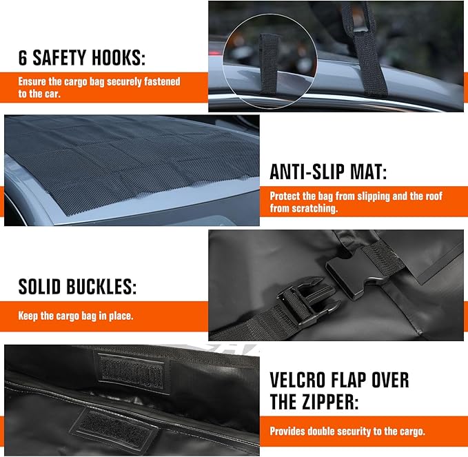 ACLONG 21 Cubic Feet Car Roof Bag 840D Waterproof Rooftop Cargo Carrier Bag for All Cars with/Without Racks Includes Anti-Slip Mat Storage Bag Combination Lock 6 Door Hooks