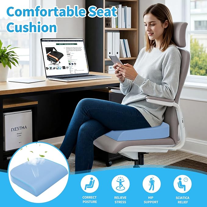 Large Seat Cushion, Memory Foam Cushion for Long Sitting Hours on Office Chair, Home & Car, Non-Slip Chair Pad for Relieving Back & Sciatica & Hip & Coccyx Pain (Light Blue)