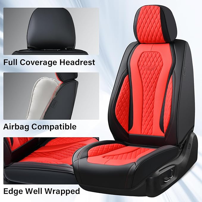 Coverado Seat Covers 2 Pack, Car Seat Covers Front Seats, Red Car Seat Cover, Waterproof Car Seat Covers, Car Seat Cushion, Front Leather Seat Protector Fit for Most Cars