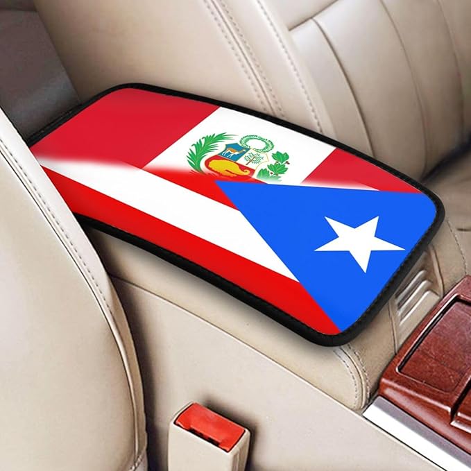 Puerto Rico Peru Peruvians Flag Auto Center Console Armrest Cover Car Handrail Box Cushion Pad Mat Universal Fit Most Vehicle Sedan Truck SUV Soft Comfort Decor Accessories
