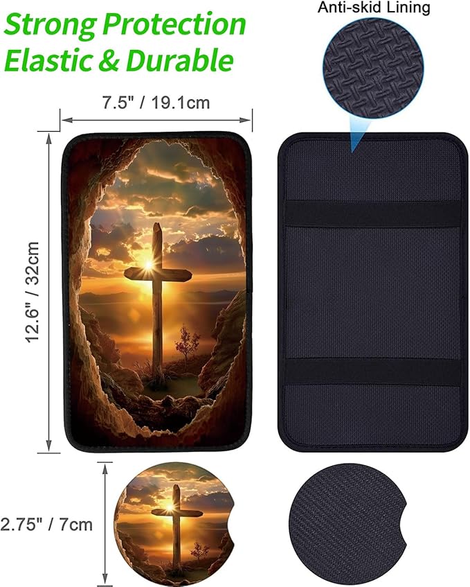Car Armrest Cover Pads Universal Fashion Cute Auto Center Console Armrest Cover Pad with 2PCS Car Coasters Soft Waterproof Car Armrest Seat Protector for Women, Sunrise Cross
