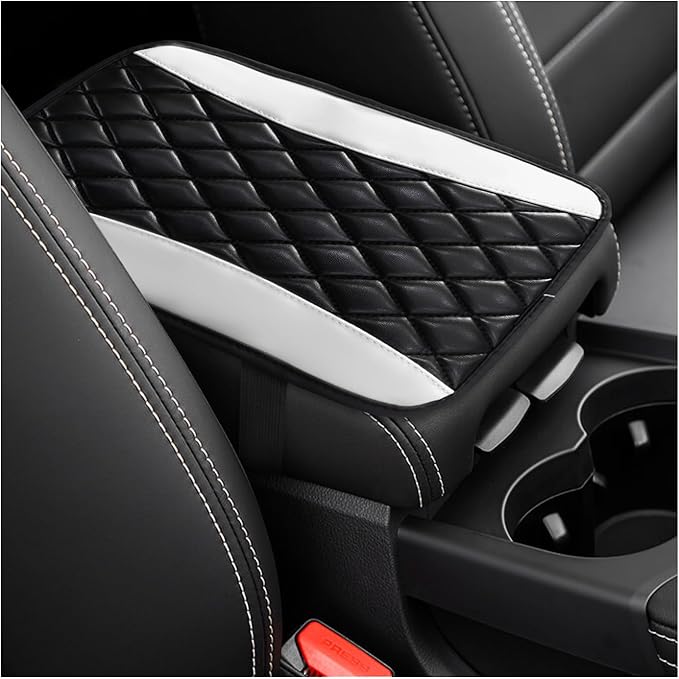 Car Center Console Cushion Pad, Universal Leather Waterproof Armrest Seat Box Cover, Comfortable Auto Armrest Cover Protector, Car Interior Decor Accessories for Most Vehicles (Black & White)