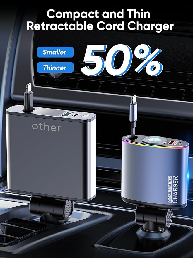 Retractable Car Charger,Topume 60W Fast Charging USB C Car Charger,Retractable Cable 2.9FT[for iPhone Cable] and Colorful Ambient Lighting car Adapter for iPhone 16/15/15 Pro Max/14/13/12/11,Galaxy
