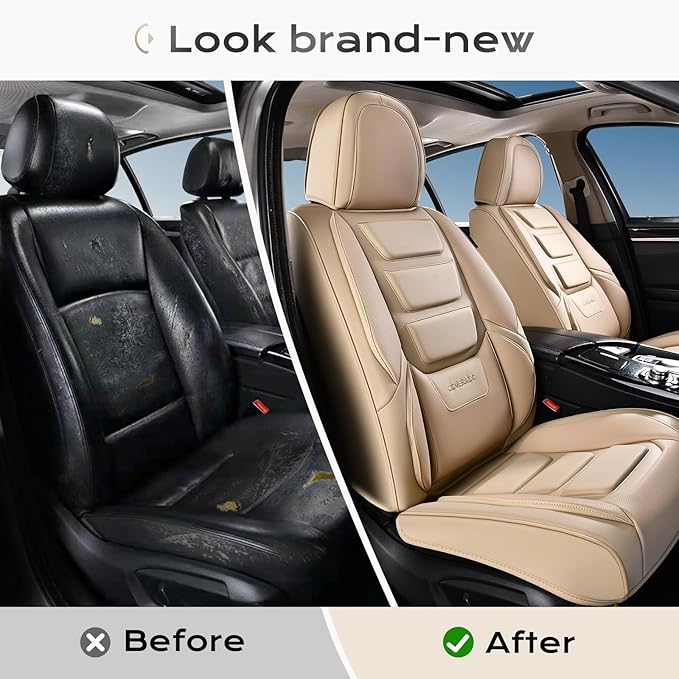 Coverado Car Seat Covers, Front Covers for Cars, Car Seat Cover Front Seats, Automotive Seat Cover, Waterproof, Leather Car Seat Cushion, Universal Interior Covers Seat Protectors for Most Cars Beige