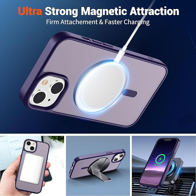 SUPFINE Magnetic for iPhone 14 Case & iPhone 13 Case (Compatible with MagSafe) (Military Grade Drop Protection) Slim Translucent Matte Shockproof Phone Cover,Dark Purple