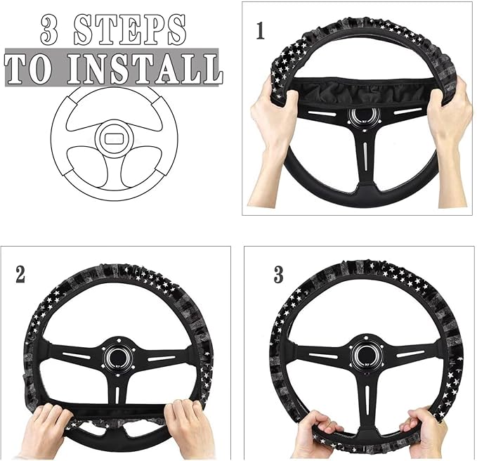 SEANATIVE Black American Flag Print Universal Auto Steering Wheel Protector Car Steering Wheel Cover Anti-Slip 15" Vehicle Accessory All Weather Protection