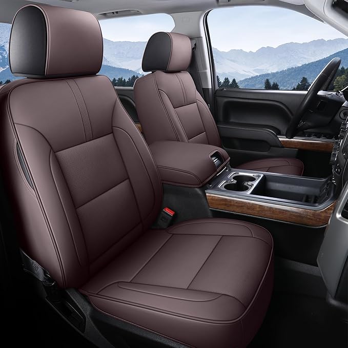 Coverado Silverado Seat Covers Full Set, Faux Leather Car Seat Covers Fit for Chevy Silverado GMC Sierra 2007-2013 & 2019-2026 1500, 2020-2026 2500HD 3500HD Crew Double Extended Cab(Brown)