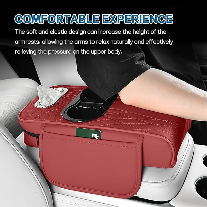 wuyaoyao Car Center Console Armrest Pillow, 13.78"×7.48"×2.56" Leather Arm Rest Cover for Cars, Memory Foam Auto Armrest Cushion Pad with Pocket, Cup Holder & Tissue Box, Car Accessories (Wine Red)