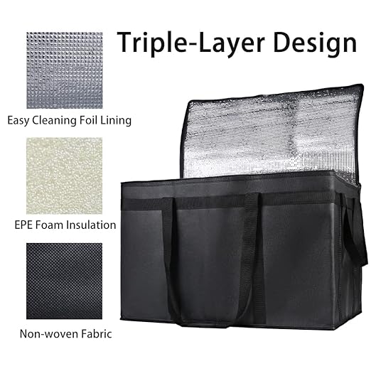 Bodaon 1PK Thermal Insulated Food Delivery Bag with Hard Bottom - 3X-Large Catering Cooler Bag for Hot and Cold Meals - Ideal for Commercial Pizza Transport, Grocery, Restaurants, and Events. Black