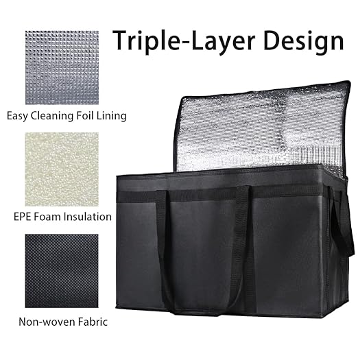Bodaon 4-Pack Insulated Food Delivery Bag, XXX-Large Meal Grocery Tote Insulation Bag for Hot and cold Food, Commercial, Large Capacity Reusable Warming Bag, Black
