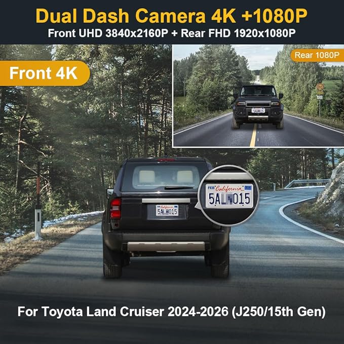 Fitcamx Front 4K+Rear 1080P Dash Cam Adapts for Toyota Land Cruiser 2024-2026 (J250/Gen15), OEM Factory Look, Dual HD Video, Built-in WiFi & APP, Loop Recording, G-Sensor, Easy to Set, 128GB Card