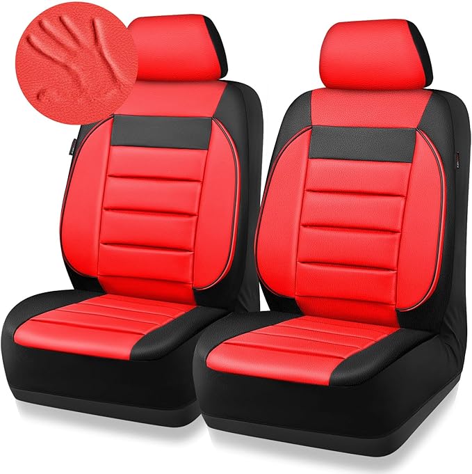 CAR PASS Leather Car Seat Covers Front Seats Only, Universal Fit Automotive Interior Waterproof 3D Foam Back Support Car Seat Covers for Trucks Vans and SUVs Airbag Compatible 2 Pieces （Black Red