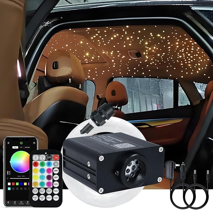 AKEPO Small Size 16W Twinkle RGBW APP Fiber Optic Lights, Music Activated 6.5ft/2m*500pcs*0.03in/0.75mm Optical Fiber Star Ceiling Light Kit for Car Truck Headliner Star/Home