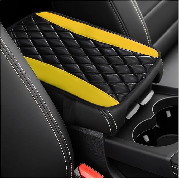 Car Center Console Cushion Pad, Universal Leather Waterproof Armrest Seat Box Cover, Comfortable Auto Armrest Cover Protector, Car Interior Decor Accessories for Most Vehicles (Black & Yellow)