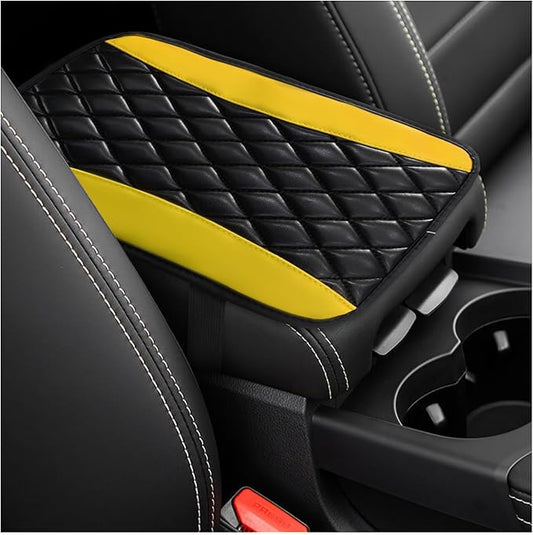 Car Center Console Cushion Pad, Universal Leather Waterproof Armrest Seat Box Cover, Comfortable Auto Armrest Cover Protector, Car Interior Decor Accessories for Most Vehicles (Black & Yellow)