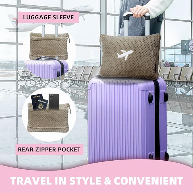 3 in 1 Travel Blanket Pillow Set - 350 GSM Thick Travel Blanket Airplane Compact with Bag, Soft Bag with a Pocket, Inflatable Travel Pillow for Camping & Car Trip (Light Coffee)