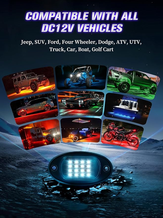 6 Pods RGB LED Rock Lights with APP/RF Remote Control High Brights Waterproof Underglow Multicolor Zone Neon Exterior Rock Lights for 12V Trucks Jeep UTV ATV RZR Offroad Pickup SUV Accessory