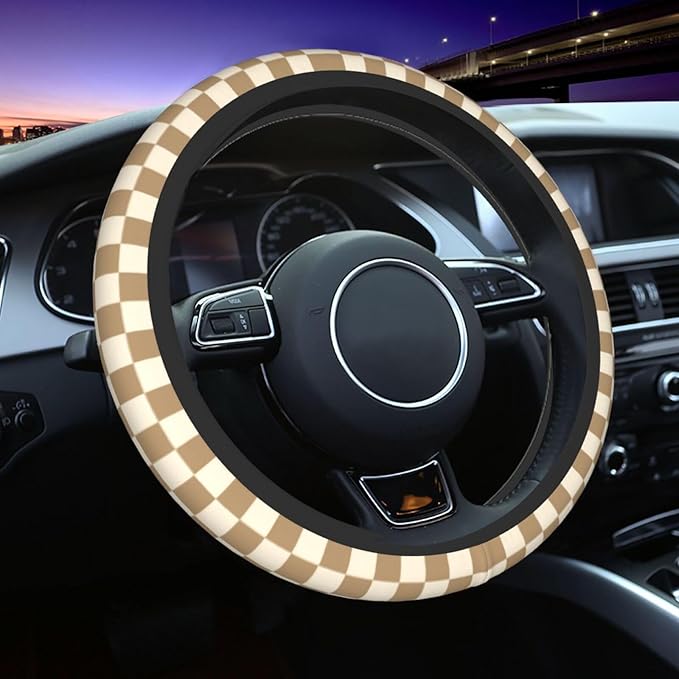 Brown Beige Checkered Steering Wheel Cover, Cute Anti-Slip Breathable Car Accessories Interior Elastic Steering Wheel Cover for Men Women Fit Auto, SUV Vans Truck Universal 14.5-15 Inch