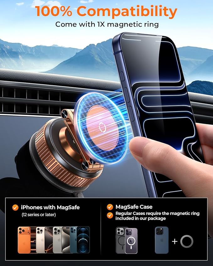 2026 Upgraded 360°Rotation Nano Gel Suction Phone Holder, Foldable Metal Vacuum Magnetic Phone Holder [119+LBS Strongest Suction & Magnetic] Phone Mount for Your Car for iPhone 17 16 Pro Max-Golden