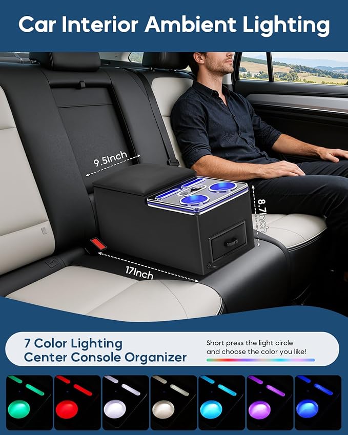 Center Console Organizer, Bench Seat Center Console with Fast Phone Charging & Cup Holders, Automotive Center Storage Box Upgraded 7-Color Adjustable LED Lighting for Car Minivan Van Truck