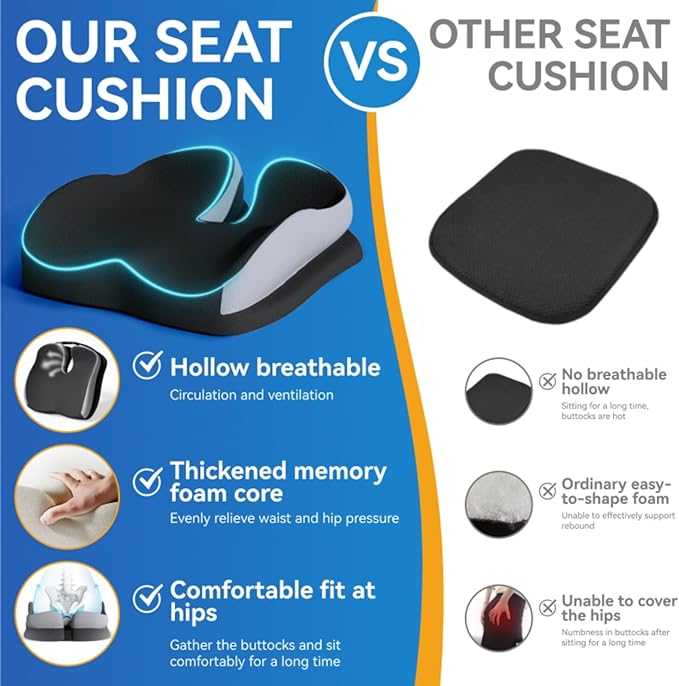 Seat Cushions for Office Chairs Wheelchair Cushion for Long Sitting Back Pain，Memory Foam Seat Car Computer Desk Chair Cushion，Coccyx Cushion for Tailbone Pain Relief Cushion Office Chair Black