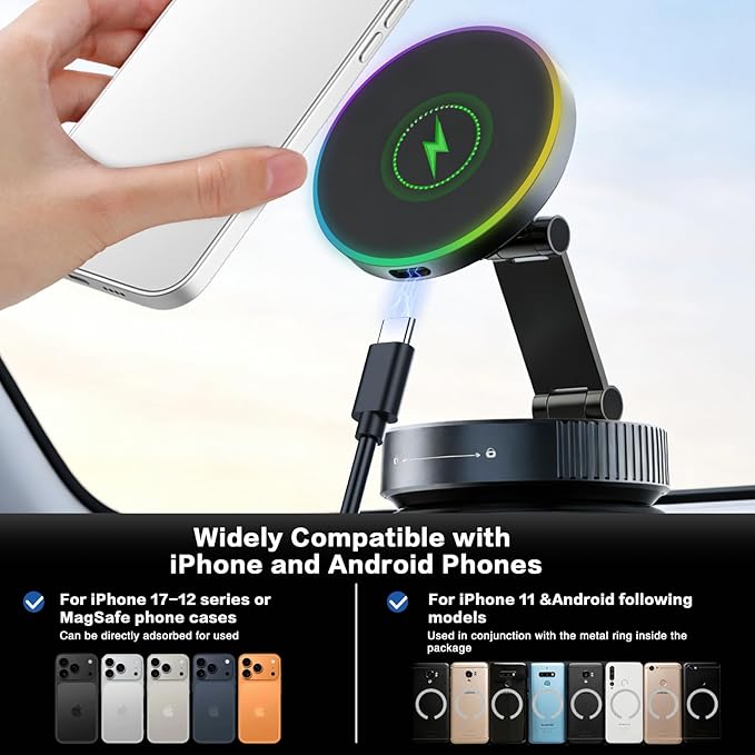 for MagSafe Car Mount Charger, 15W Wireless Car Charger Mount, Vacuum Suction Cup Magnetic Car Phone Holder for iPhone & Android, 360° Adjustable Car Phone Mount for Dashboard & Windshield