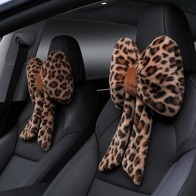 Macarrie 2 Pcs Car Neck Pillow Plush Butterfly Bow Car Headrest Pillow Comfortable Seat Neck Support Cute Head Rest Accessories for Driving Travel Driver Chair Girl Style Interior Decor(Leopard)