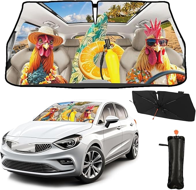 CHILL·TEK Funny Animal Car Windshield Sun Shade Umbrella, Funny Rooster Car Sun Shade Umbrella, Block UV Rays Heat Foldable Windshield Umbrella Sun Visor Protector - Keep Vehicle Cool for Cars SUV